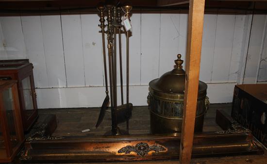 Set of brass fire irons etc